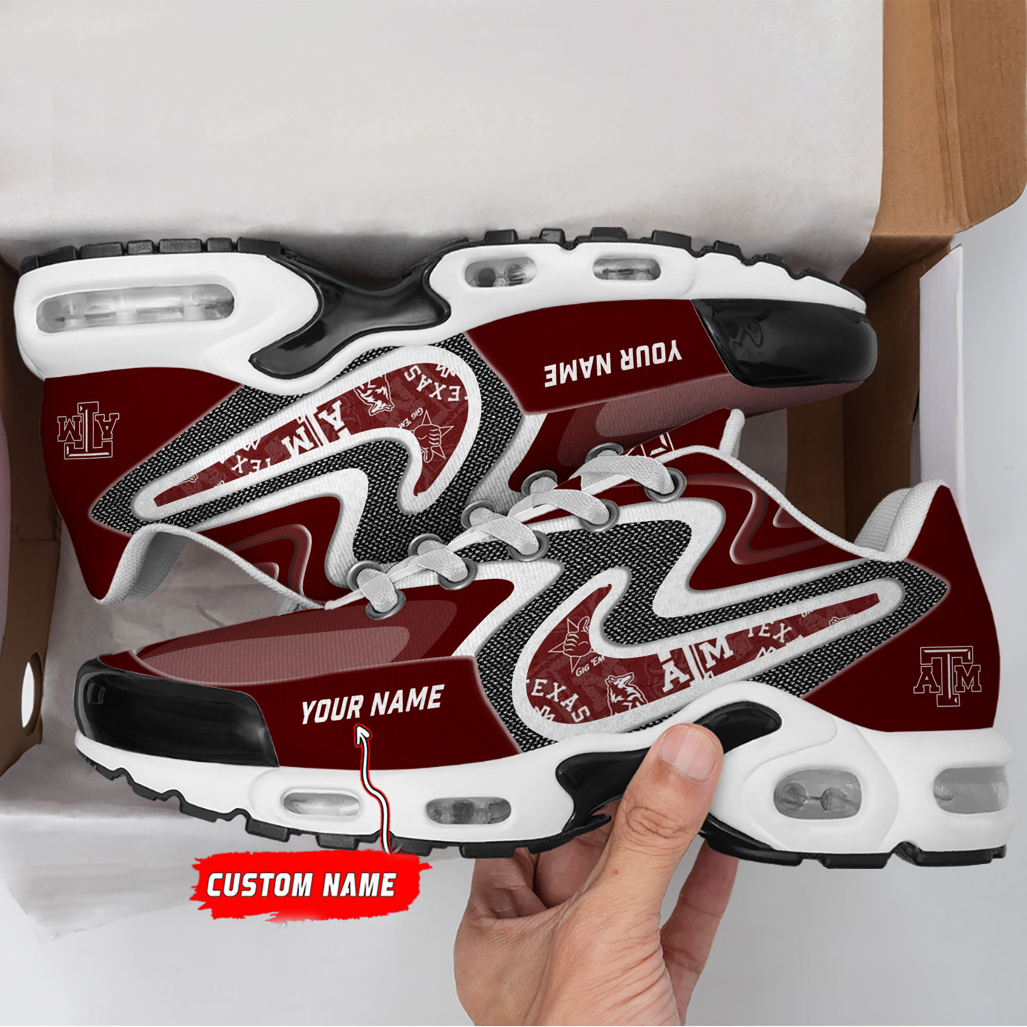 Texas A&M Aggies Personalized Name Team Checkmark Logo Mix Colors Stitch Line TN Shoes Air Cushion Sneakers