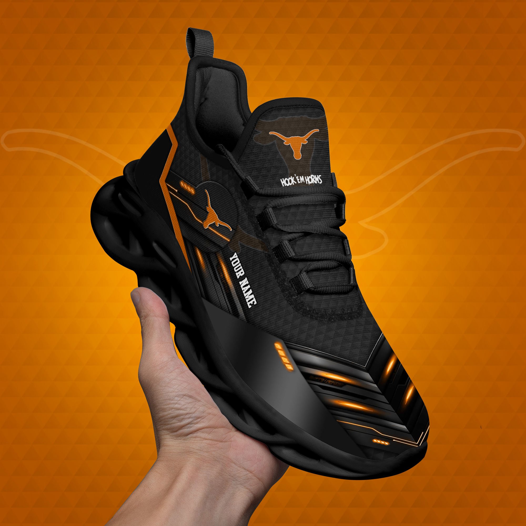 Texas Longhorns Black Clunky Sneaker Custom Name, Max Soul Shoes, Sport Gifts For Fan