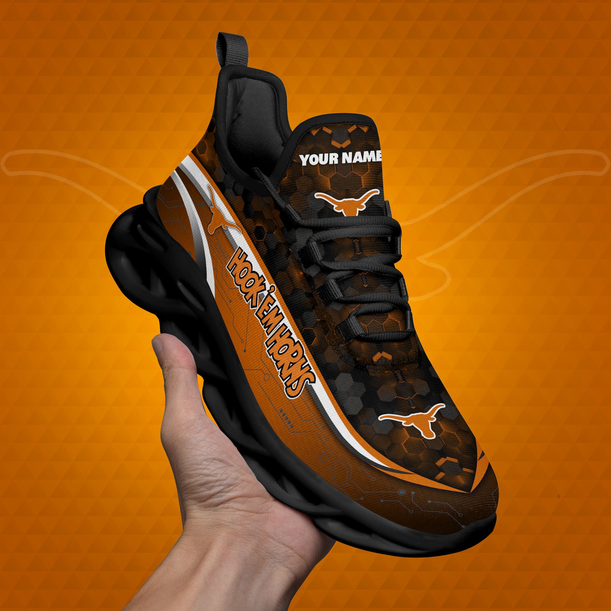 Texas Longhorns Black Clunky Sneakers Custom Name, Max Soul Shoes, Sport Gifts