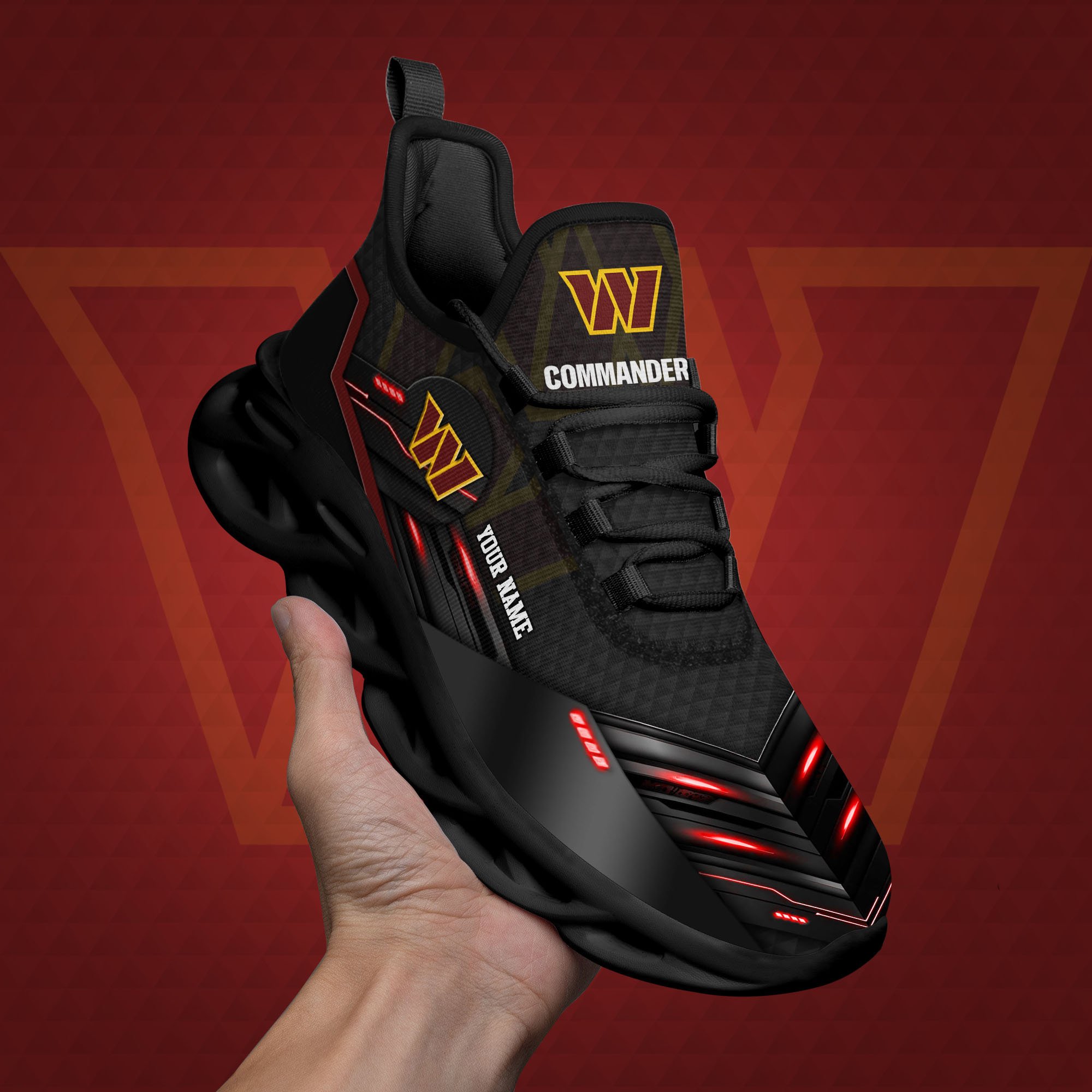 Washington Commanders Black Clunky Sneaker Custom Name, Max Soul Shoes, Sport Gifts For Fan