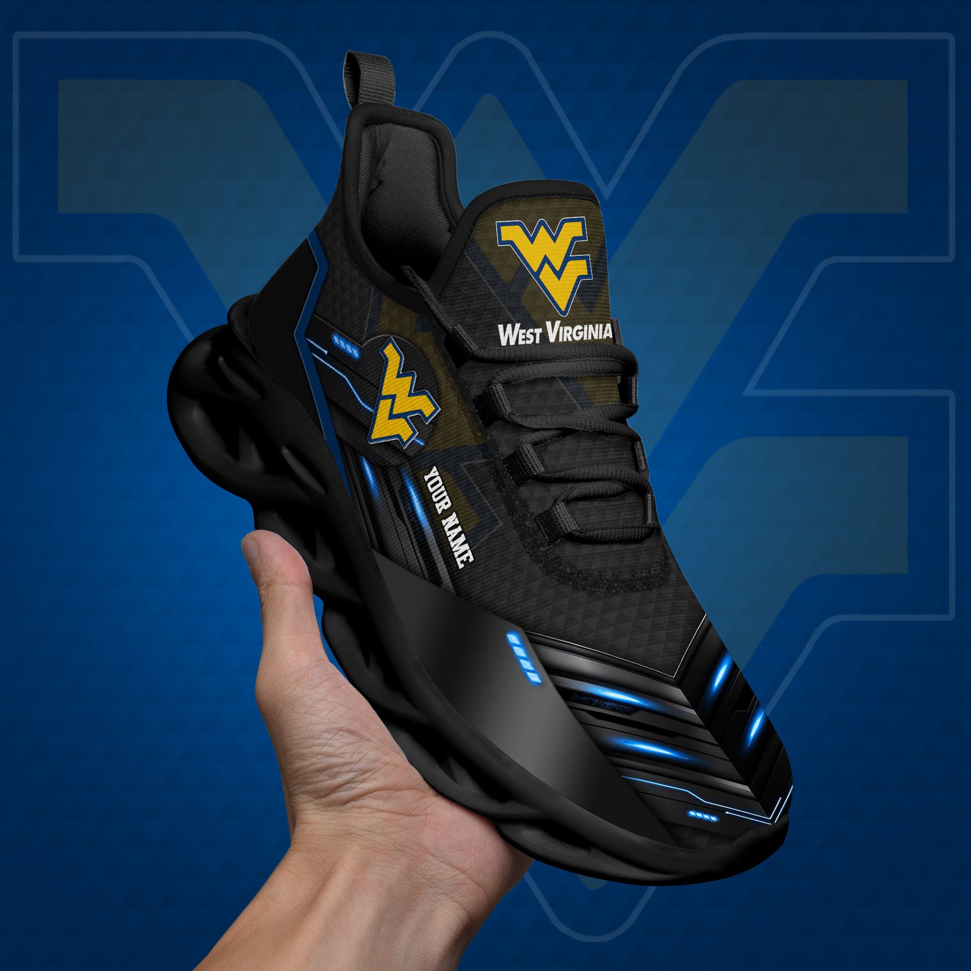 West Virginia Mountaineers Black Clunky Sneaker Custom Name, Max Soul Shoes, Sport Gifts For Fan