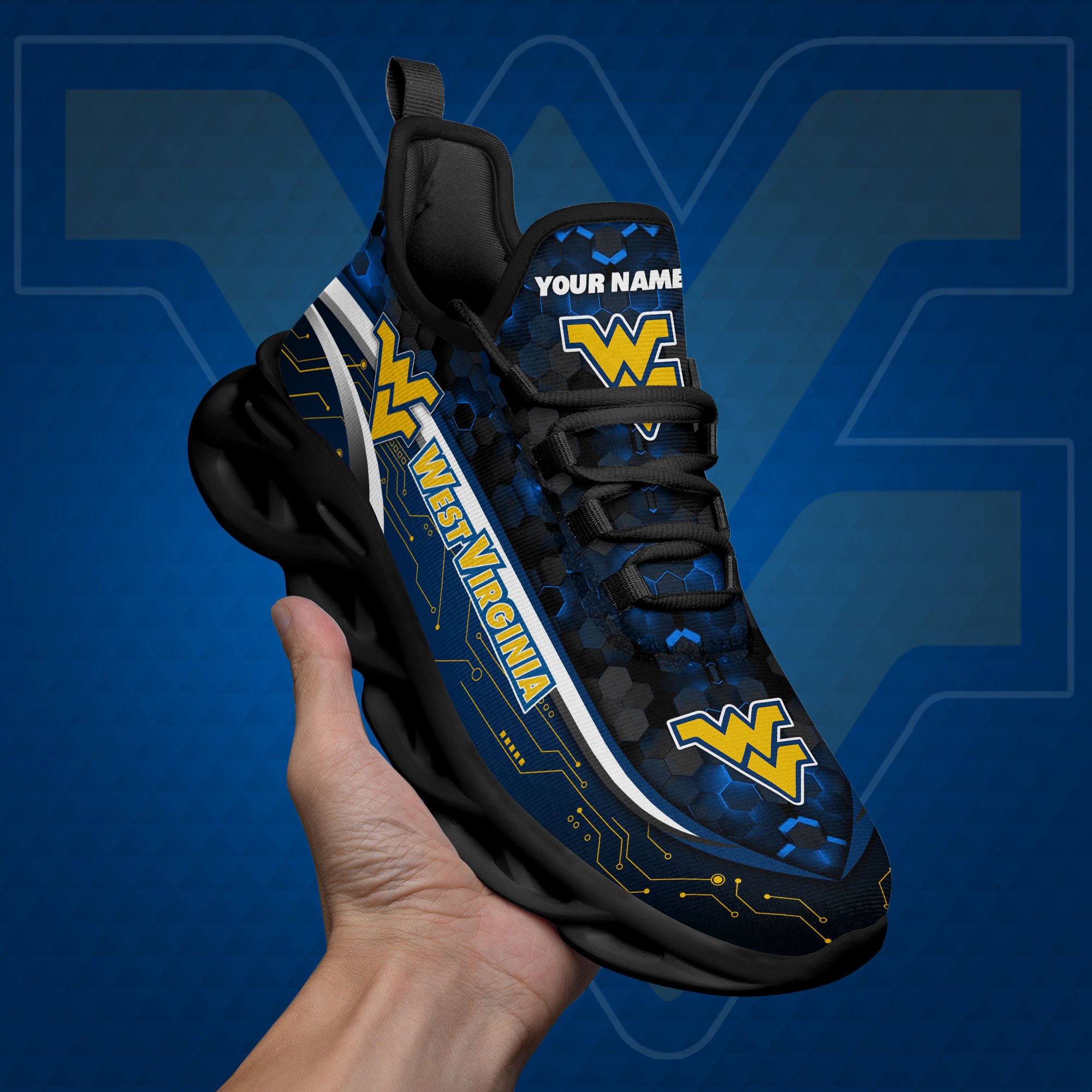West Virginia Mountaineers Black Clunky Sneakers Custom Name, Max Soul Shoes, Sport Gifts