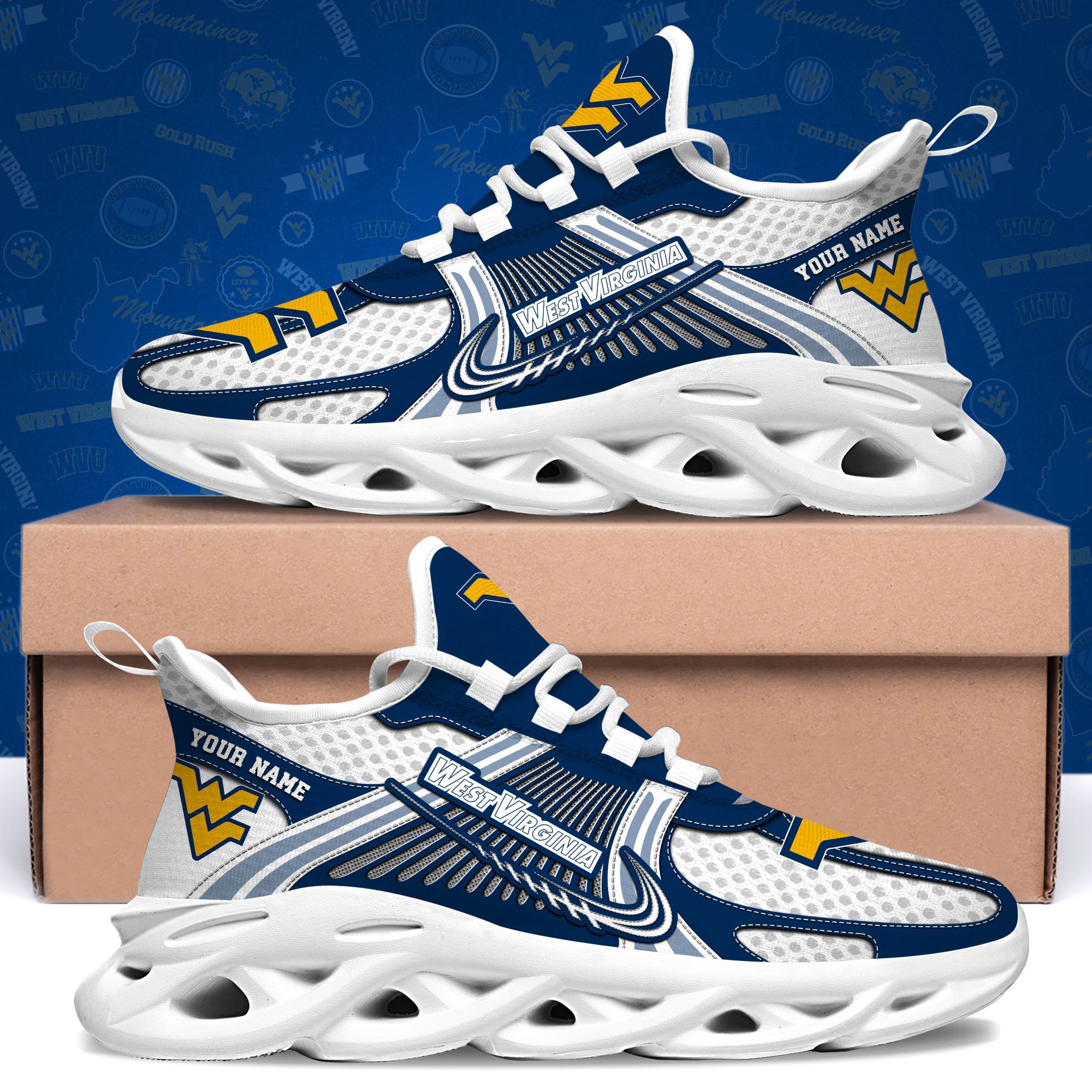 West Virginia Mountaineers Clunky Sneakers Custom Your Name, Sport Sneakers, Sport Gifts For Fan, Gifts For Him
