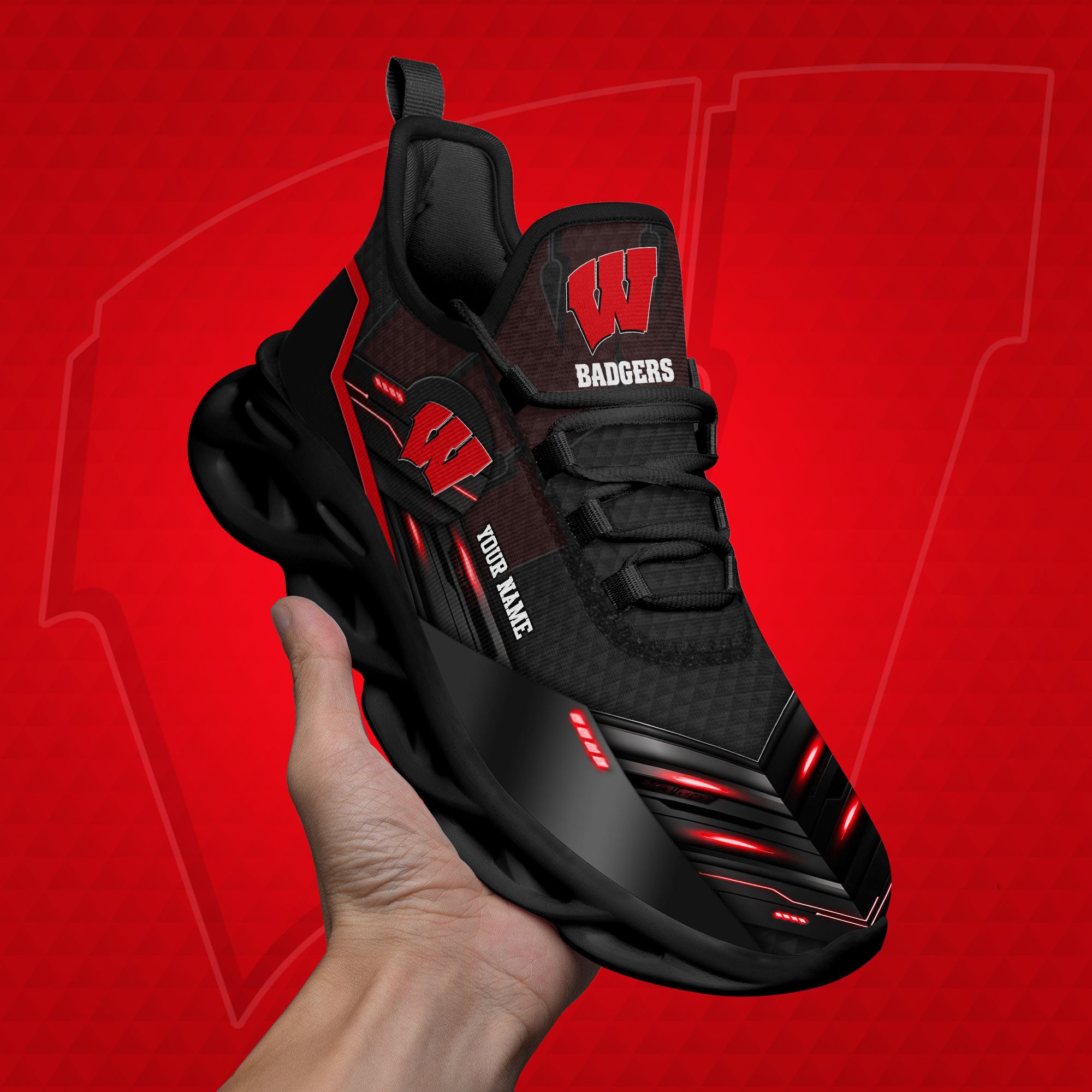 Wisconsin Badgers Black Clunky Sneaker Custom Name, Max Soul Shoes, Sport Gifts For Fan