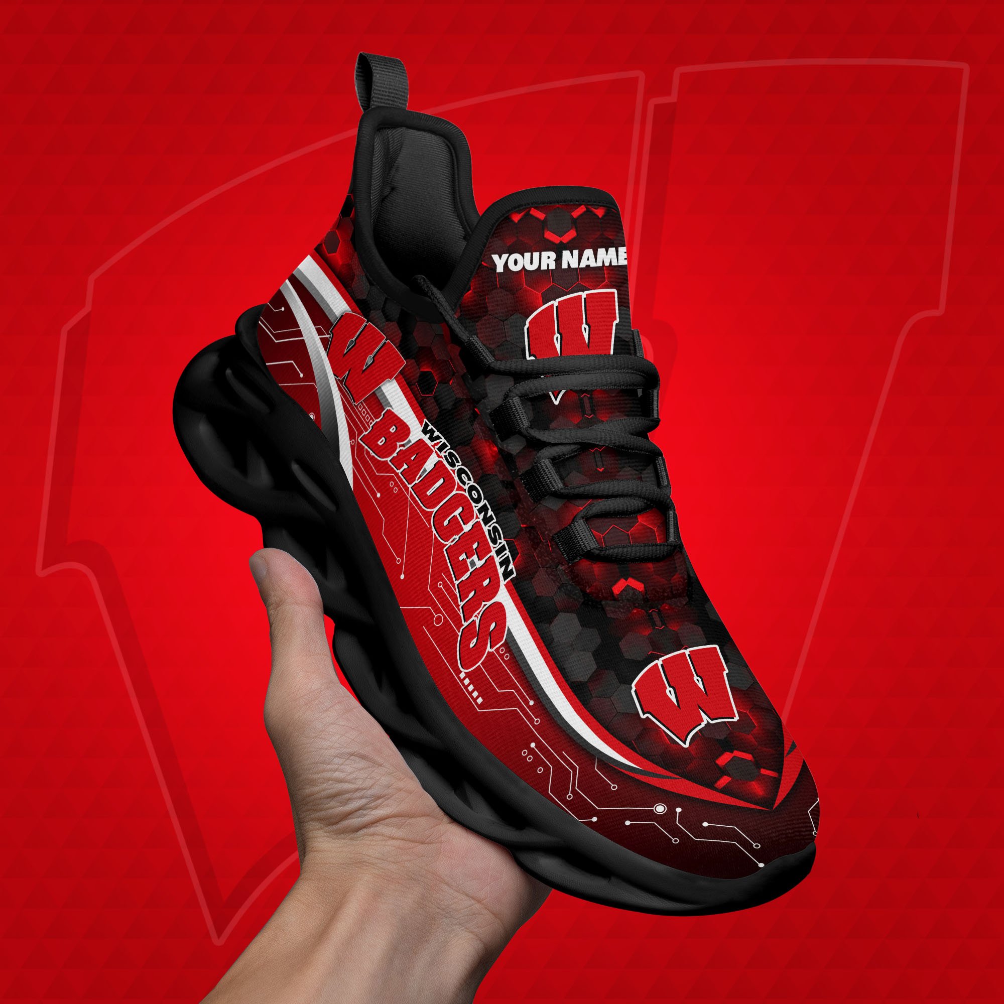 Wisconsin Badgers Black Clunky Sneakers Custom Name, Max Soul Shoes, Sport Gifts