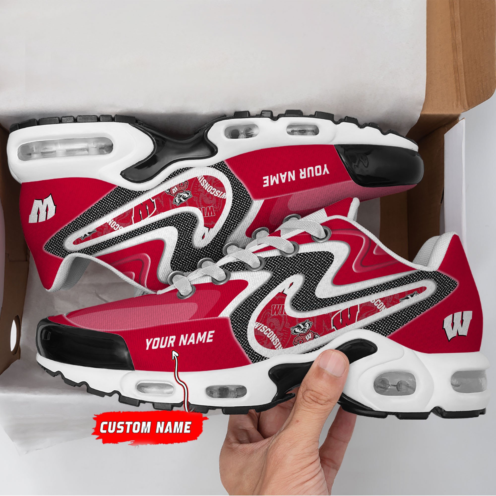 wisconsin badgers personalized name team checkmark logo mix colors stitch line tn shoes air cushion sneakers 9998 bbjjp