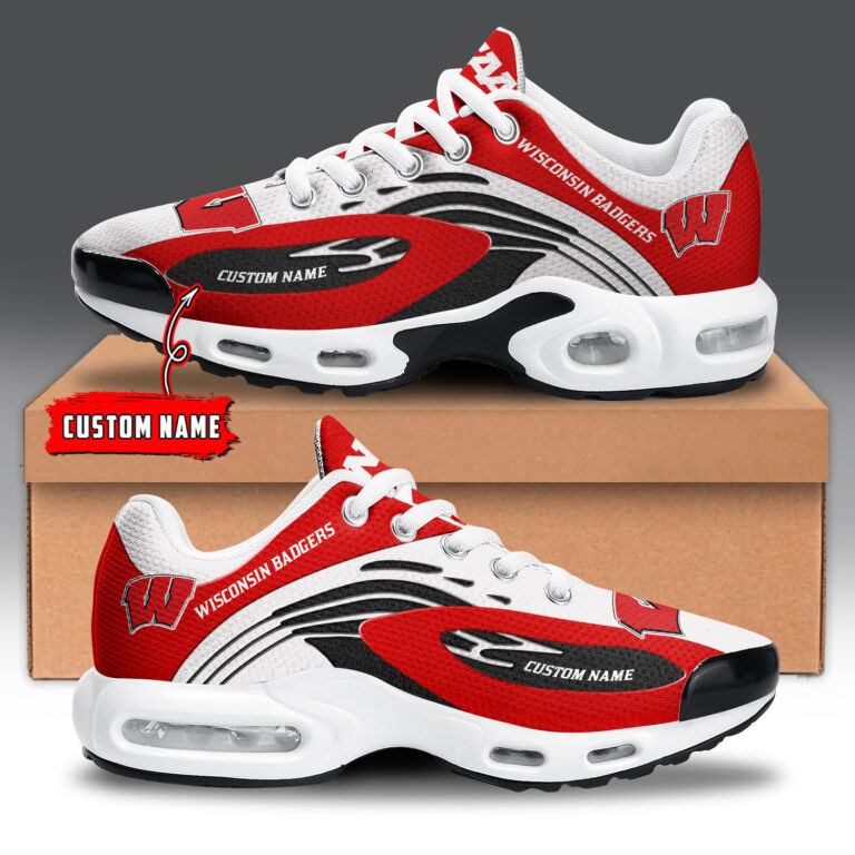 Wisconsin Badgers Personalized Name Team Logo Mix Colors Wave Line TN Air Max Shoes Air Cushion Sneakers